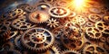 Intricate network of golden gears intermeshed in a complex system. Generative AI Royalty Free Stock Photo