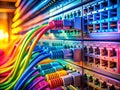 Intricate Network Infrastructure Detail Closeup View of Network Hub and Patch Cables in a LowLight Environment Ideal Royalty Free Stock Photo