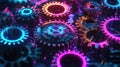 An intricate network of interconnected gears and circuits illuminated in neon colors signifying the operational backbone