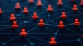 Intricate network of interconnected red spheres on a dark background, visual representation of data connections and flow Royalty Free Stock Photo