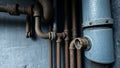 Complex industrial plumbing system showing rusty pipes and connections Royalty Free Stock Photo