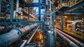 The intricate network of pipes and equipment within the refinery is a testament to the complexity and precision of the