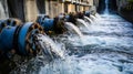 An intricate network of pipes and valves shown in closeup delivering water to a hydroelectric dam. illustrates the