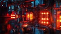 An intricate network of sensors embedded in machinery capturing energy data their tiny diodes glowing softly in a dimly