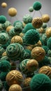 Intricate Network of Textured Spheres in Emerald Green and Gold Connected by Thin Strands Forming a Complex Molecular Structure or Royalty Free Stock Photo