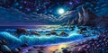Intricate night seascape with rocky seashor and full moon on starry sky. Fantasy background Royalty Free Stock Photo