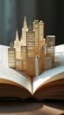 Intricate paper cityscape emerging from open book in soft light Royalty Free Stock Photo
