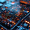 Intricate parts of modern computer motherboard, illuminated electronic circuits and components - hi-tech background Royalty Free Stock Photo