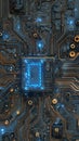 Intricate pathways of a glowing blue computer circuit board showing the complexity of modern electronic components and data Royalty Free Stock Photo