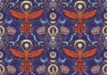 Intricate pattern featuring red phoenixes with outstretched wings, surrounded by celestial motifs Royalty Free Stock Photo