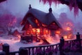 Pink fantasy cottage covered with snow, twilight, beautiful digital art painting