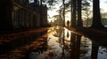 The intricate play of light and shadow on the surface of a rippling pond, reflecting the surrou