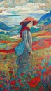 Intricate Neo-Impressionist and Ukiyo-e Fusion of Poppy Fields in Japan. Perfect for Wall Art.