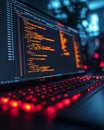 Laptop screen displaying detailed programming code with a glowing red backlit keyboard, modern tech concept. Royalty Free Stock Photo