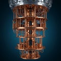 Intricate quantum computer chandelier structure featuring stacked, circular copper Royalty Free Stock Photo