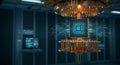 Intricate quantum computer setup featuring a central processing unit with a glowing Royalty Free Stock Photo