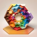 an intricate, rainbow-colored pentagon, with a complex pattern of shapes podium, empty showcase for packaging product