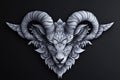 Intricate ram head design, ornate carving, 3D render, gray, dark background, detailed floral patterns, symmetrical