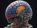 An intricate robot brain, alive with the dance of electric currents, processing a myriad of sensor perceptions and evolving action