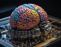 An intricate robot brain, alive with the dance of electric currents, processing a myriad of sensor perceptions and evolving action