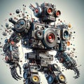 Intricate Robot Constructed from Speakers, Electronics, and Vintage Audio Equipment.Generative A
