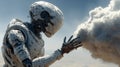 Intricate robot with detailed mechanics gently touches a dense cloud, exploring future technology and artificial intelligence Royalty Free Stock Photo