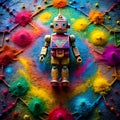 An intricate robot pattern made with colored powders, featuring detailed designs