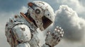 Intricate robotic figure with weathered white and copper plating stands with hands clasped against a dramatic cloudy sky Royalty Free Stock Photo