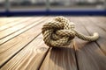 intricate sailing knot on a weathered rope against a wooden deck background
