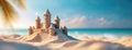 Intricate Sand Castle on a Sunny Tropical Beach. A fortress with towers and walls created by children in a sandbox on a