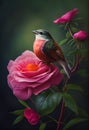 An Intricate Scan of a Bird Perched on a Pink Flower in a Rose Garden with Linen and Oil Singer