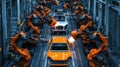 Robotic arms welding cars in an advanced automotive production line