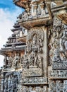 Intricate sculptures adorning the walls of Hoysaleswara Temple, Halebidu, Karnataka, India