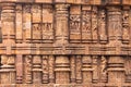 Intricate sculptures stone carving on the walls of the ancient Hindu Sun Temple in Konark, Orissa