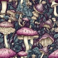 Intricate seamles pattern with fairytale mushrooms. Whimsical background with purple toadstool mushrooms, texture design