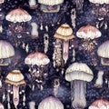 Intricate seamles pattern with fantasy mushrooms. Whimsical background with mystic mushrooms