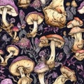 Intricate seamles pattern with toadstool mushrooms. Whimsical background with mushrooms in purple colors, texture design for gift