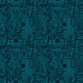 Seamless Circuit Board Pattern with Futuristic Blue Lines on Dark Background for Technology and Electronics Design Royalty Free Stock Photo