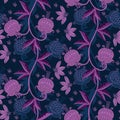 Intricate seamless pattern with blue and violet floral ornament. Beautiful print for fabric and textile