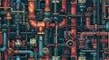 Intricate seamless pattern with a lot of plumbing pipes and valv Royalty Free Stock Photo