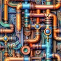 Intricate seamless pattern with a lot of plumbing pipes and valves. Repetitive industrial background with construction tubes.