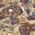 Intricate seamless pattern in pirate style with skull and treasure map. Texture design for gift wrap.