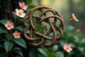 Intricate serpent knot design amidst delicate blossoms in a serene garden setting. Generative AI Royalty Free Stock Photo