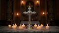 Intricate silver cross on stone altar surrounded by candles in dim church Serene sacred ambiance