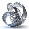 Intricate Silver Metallic Knot Sculpture with Grid Pattern on White Backdrop Royalty Free Stock Photo