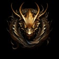 Intricate sketch of dragon head crafted from metal and gold against black background, sketch for tattoo. Fantasy character of Royalty Free Stock Photo