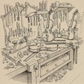 Intricate sketch of a violin workshop, featuring workbenches Royalty Free Stock Photo