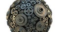 Intricate sphere sculpture crafted from assorted gears and mechanical components isolated on white background Royalty Free Stock Photo