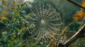 An intricate spider web adorned with dew drops the only source of water for its industrious weaver