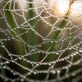 Intricate spider web adorned with dewdrops creating a delicate lattice pattern Royalty Free Stock Photo